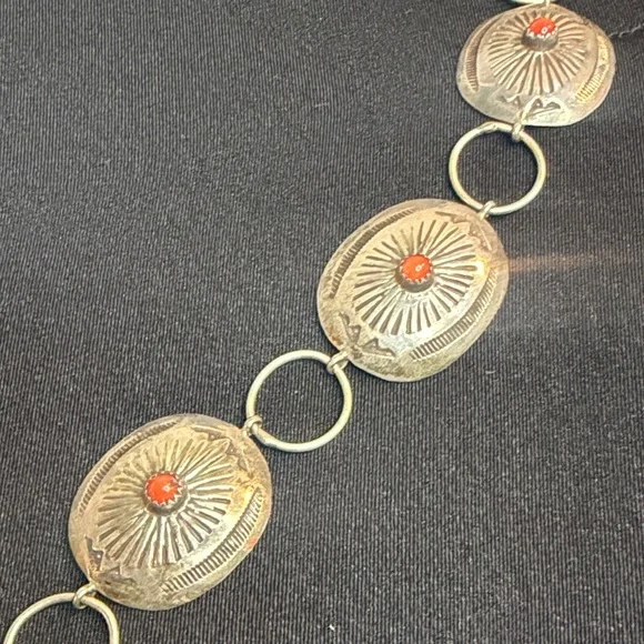 Vintage Sterling Silver Coral Stone Concho Belt . - Picture 7 of 13